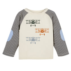 Cream with Striped Sleeves Plane L/S Graphic Tee