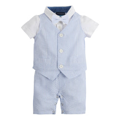 My First Andy & Evan Suit: Light Blue Seersucker Playsuit (with removable bow tie)