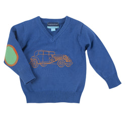 The Tin Lindsay: Blue Car V-Neck Sweater