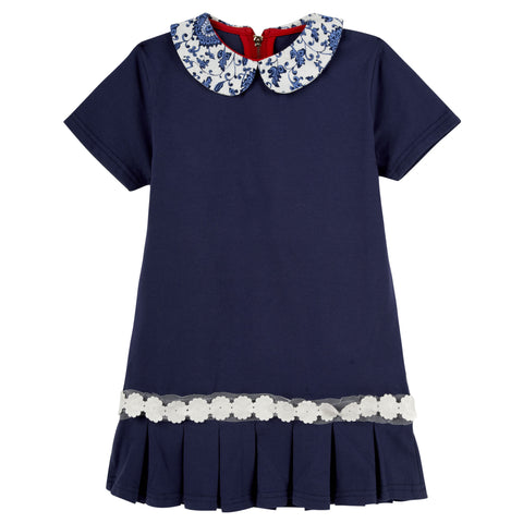 Navy Knit Dress with Floral Trim