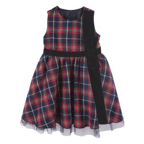 Holiday Plaid Dress with Velvet Bow