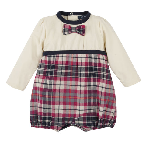 Off-White with Hot Pink and Navy Plaid Romper